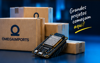 Caixas e placa ESP32 em uma bancada tecnológica