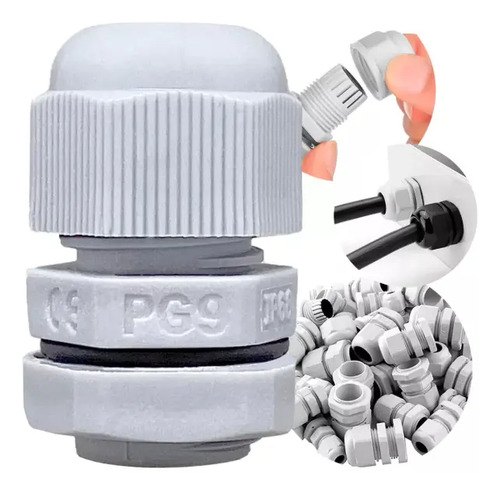 Kit com 100 unidades - Kit com 100 Prensa Cabos Pg9 Cinza - Vedação Ip68