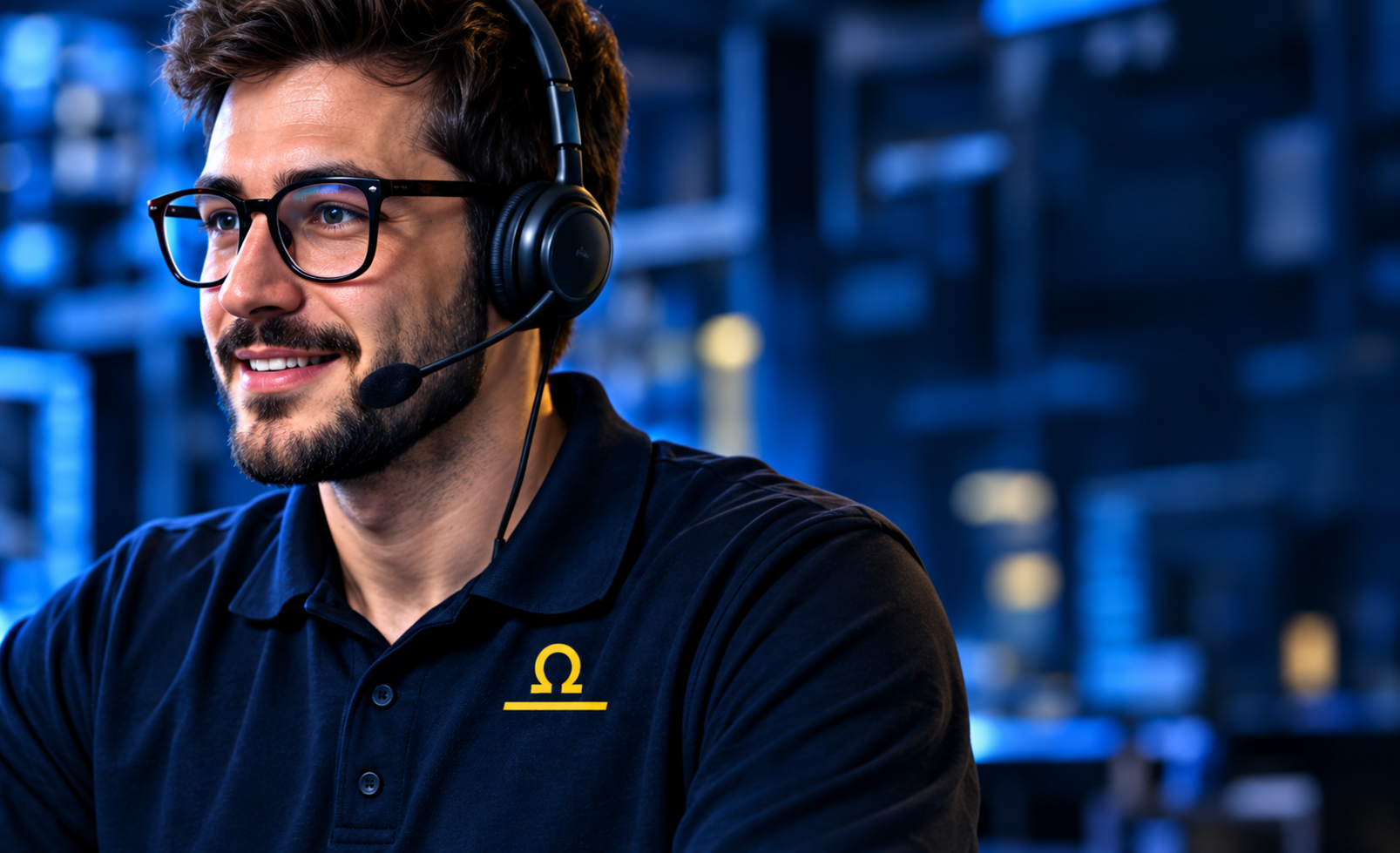 Especialista técnico da OMEGAIMPORTS com headset prestando atendimento